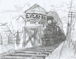 Size: 2191x1691 | Tagged: safe, artist:newman134, equestria girls, 19th century, background, everfree forest, forest, hand drawing, human world, monochrome, no characters, no pony, pencil drawing, railroad, railroad tracks, scenery, steam engine, steam locomotive, steam train, telegraph poles, traditional art, train, vehicle