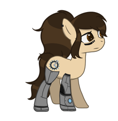 Size: 882x906 | Tagged: safe, artist:inkwelt, oc, oc only, oc:tinkora, cyborg, earth pony, pony, amputee, brown eyes, cutie mark, earth pony oc, female, mare, ponytail, prosthetic limb, prosthetics, simple background, solo, transparent background