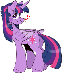 Size: 785x925 | Tagged: safe, artist:incubugs, twilight sparkle, twilight sparkle (alicorn), alicorn, pony, blushing, heart, looking back, simple background, smiling, solo, transparent background