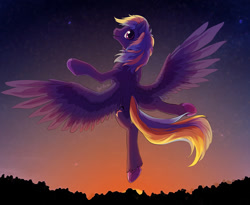 Size: 1500x1228 | Tagged: safe, artist:bel-assa, oc, oc:evening song, pegasus, pony, dancing, evening, feather, female, laughing, solo, wings