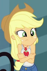 Size: 345x518 | Tagged: safe, screencap, applejack, better together, equestria girls, street chic, bare shoulders, cold, cropped, freezing, shivering, sleeveless, solo