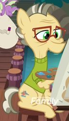 Size: 450x785 | Tagged: safe, screencap, spike, dragon, earth pony, pony, the point of no return, background pony, clothes, cropped, discovery family logo, elderly, glasses, male, sitting, solo focus, stallion, sweater, unnamed pony, winged spike