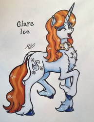 Size: 2775x3602 | Tagged: safe, artist:mesuyoru, oc, oc only, oc:glare ice, pony, unicorn, blue eyes, cloven hooves, fluffy, gemstones, horn, jewelry, mirror, necklace, one eye closed, orange mane, simple background, solo, traditional art, unshorn fetlocks, wavy mane, white coat, wink