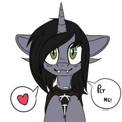 Size: 4000x4000 | Tagged: safe, artist:unawe, pony, unicorn, bust, clothes, commission, disguise, disguised siren, fangs, hair over one eye, horn, jewelry, kellin quinn, looking at you, male, necklace, ponified, shirt, simple background, sleeping with sirens, slit eyes, smiling, solo, speech bubble, stallion, t-shirt, transparent background, ych result