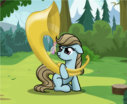 Size: 987x808 | Tagged: safe, artist:miragepotato, artist:nimaru, beauty brass, breezie, earth pony, pony, duo, female, floppy ears, mare, musical instrument, sitting, solo, sousaphone