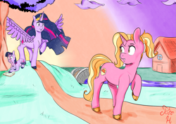 Size: 2105x1488 | Tagged: safe, artist:jojohernandez, luster dawn, princess twilight 2.0, twilight sparkle, twilight sparkle (alicorn), unicorn twilight, alicorn, pony, unicorn, the last problem, book, colored hooves, februpony, female, mare, outdoors, walking, wings