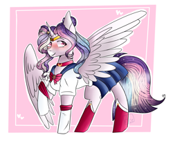 Size: 6000x5000 | Tagged: safe, artist:ace-draws6658, oc, oc:celestial moon, alicorn, pony, absurd resolution, blushing, clothes, cosplay, costume, female, magical lesbian spawn, offspring, one hoof raised, parent:rainbow dash, parent:twilight sparkle, parents:twidash, sailor moon