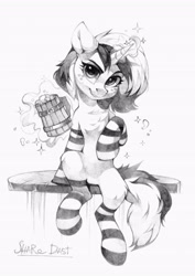 Size: 2898x4096 | Tagged: safe, artist:share dast, oc, oc only, oc:cinnamon cider, pony, unicorn, alcohol, beer, chest fluff, clothes, female, mare, socks, solo, striped socks