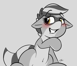 Size: 1700x1450 | Tagged: safe, artist:fakskis, oc, oc only, oc:bandy cyoot, hybrid, pony, raccoon, raccoon pony, 30minuteschallenge, belly button, blushing, cute, female, floppy ears, mare, mischievous, raised eyebrow, sitting, smiling, smirk, solo, teeth