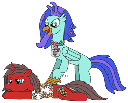 Size: 2000x1608 | Tagged: safe, artist:supahdonarudo, oc, oc only, oc:ironyoshi, oc:sea lilly, classical hippogriff, hippogriff, unicorn, camera, clothes, excited, jewelry, necklace, prone, rubbing, shirt, simple background, transparent background, unamused
