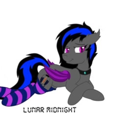 Size: 748x752 | Tagged: safe, artist:officiallunardj, oc, oc only, oc:lunar midnight, bat pony, clothes, collar, simple background, socks, solo, striped socks, white background