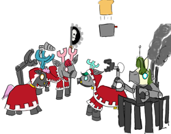 Size: 1400x1100 | Tagged: safe, artist:horsesplease, alice the reindeer, aurora the reindeer, bori the reindeer, pistachio, adeptus mechanicus, claw, crossover, servitor, techpriest, toaster, warhammer (game), warhammer 40k