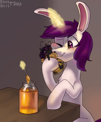 Size: 1136x1374 | Tagged: safe, artist:enderselyatdark, oc, oc only, oc:enderdan t'dark, oc:lapush buns, bee pony, original species, unicorn, bunnycorn, food, glowing horn, honey, horn, levitation, magic, nuzzling, spoon, telekinesis