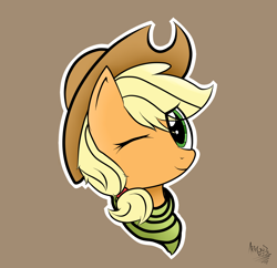 Size: 1600x1550 | Tagged: safe, artist:arrgus-korr, applejack, earth pony, pony, bust, cowboy hat, female, handkerchief, hat, head only, looking at you, mare, one eye closed, portrait, simple background, smiling, smiling at you, solo, sticker, wink, winking at you