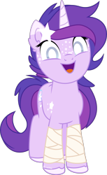 Size: 4942x8051 | Tagged: safe, artist:babyroxasman, oc, oc:euphoria reverie, pony, bandage, female, freckles, horn, long horn, mare, simple background, smiley face, solo, transparent background, vector, white pupils