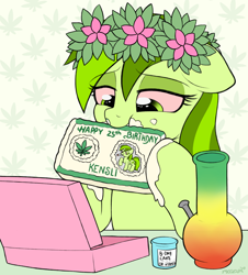 Size: 1994x2204 | Tagged: safe, artist:moozua, oc, oc:stoney poney, earth pony, pony, bloodshot eyes, bong, cake, drugs, eating, female, food, high, hoof hold, lidded eyes, mare, marijuana, solo, stoned