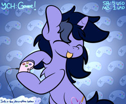 Size: 1844x1536 | Tagged: safe, artist:kimjoman, oc, oc only, oc:purple flix, pony, unicorn, :p, advertisement, commission, controller, eyes closed, gaming, gradient background, male, solo, stallion, tongue out, your character here