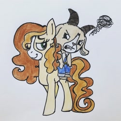Size: 2380x2380 | Tagged: safe, artist:littlemissyxdl, oc, oc only, oc:billy, oc:cappuccino, earth pony, pony, female, mare, riding, traditional art