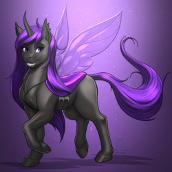Size: 2375x2375 | Tagged: safe, artist:mykegreywolf, oc, oc only, oc:midnight, changeling, hybrid, pony, changeling oc, cloven hooves, commission, cute, high res, purple changeling, raised hoof, smiling, solo