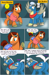 Size: 6288x9626 | Tagged: safe, artist:cactuscowboydan, oc, oc:air brakes, oc:nova reactor, earth pony, pegasus, pony, unicorn, comic:fusing the fusions, comic:the bastion of canterlot, booty inflation, canterlot, canterlot castle, cape, clothes, comic, commissioner:bigonionbean, conductor hat, conjoined, cutie mark fusion, dat ass was fat, dat butt, dialogue, fat ass, forced, fuse, fused, fusion, fusion:air brakes, fusion:nova reactor, glasses, goggles, gymnasium, hat, jiggle, magic, male, merge, merging, out of control magic, plot, potion, scarf, shirt, short tail, stallion, swelling, tail wag, talking to themself, thicc ass, thick, uniform, wonderbolts, wonderbolts uniform, writer:bigonionbean