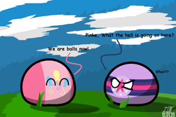 Size: 1200x800 | Tagged: safe, pinkie pie, twilight sparkle, earth pony, pony, ball, countryball, discontent, implied transformation, joyful, polandball