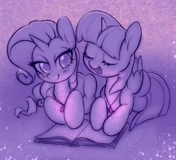 Size: 2513x2278 | Tagged: safe, artist:dawnfire, rarity, twilight sparkle, twilight sparkle (alicorn), alicorn, pony, unicorn, fanfic:the enchanted kingdom, fanfic:the enchanted library, book, eyes closed, fanfic art, female, jewelry, lesbian, monochrome, necklace, purple background, rarilight, shipping, simple background