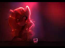 Size: 500x375 | Tagged: safe, artist:avimod, oc, oc only, oc:cia, pony, bar, blushing, clothes, ear piercing, earring, eye clipping through hair, female, glass, jewelry, letterboxing, lighting, mare, piercing, shot glass, solo