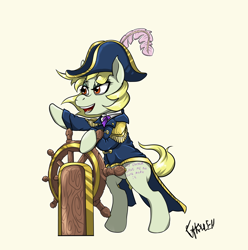 Size: 1842x1860 | Tagged: safe, artist:ghouleh, oc, oc only, oc:high tailwind, earth pony, admiral, blank flank, cap, captain, clothes, coat, hat, pirate, steering wheel