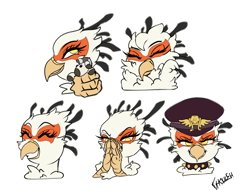 Size: 1579x1240 | Tagged: safe, artist:ghouleh, oc, oc only, oc:gagami, bird, griffon, original species, secretary bird, zebra, collar, doll, female, fluffy, gag, hat, secretary, simple background, smiling, spiked collar, sticker, telegram sticker, toy, transparent background, zebragriff