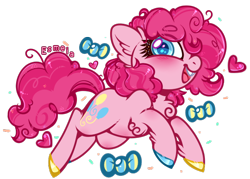 Size: 588x421 | Tagged: safe, artist:esmeia, pinkie pie, earth pony, pony, blushing, bow, chest fluff, colored hooves, colored pupils, cute, diapinkes, ear fluff, eye clipping through hair, eyebrows visible through hair, female, heart, leg fluff, mare, open mouth, simple background, solo, transparent background