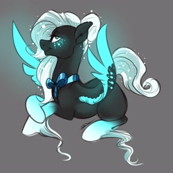 Size: 3000x3000 | Tagged: safe, artist:itsmalicious, oc, oc only, oc:faline, pegasus, pony, blank flank, bow, colored hooves, female, freckles, glowing wings, gray background, lidded eyes, mare, prone, simple background, smiling, solo, sparkles, spread wings, unshorn fetlocks, wings