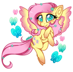 Size: 601x598 | Tagged: safe, artist:esmeia, fluttershy, butterfly, pegasus, pony, chest fluff, cute, ear fluff, female, flower, flower in hair, leg fluff, looking at you, mare, shyabetes, simple background, smiling, solo, spread wings, transparent background, two toned wings, wings