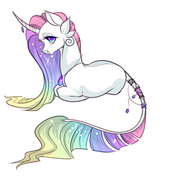 Size: 1024x1024 | Tagged: safe, artist:itsmalicious, oc, oc only, oc:auroris, pony, unicorn, curved horn, ethereal mane, female, horn, horn jewelry, jewelry, leonine tail, lidded eyes, looking at you, mare, necklace, prone, rainbow eyes, simple background, solo, starry mane, tail jewelry, white background