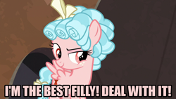 Size: 1280x720 | Tagged: safe, edit, edited screencap, editor:jaredking203, screencap, cozy glow, pegasus, pony, frenemies (episode), bow, caption, female, filly, image macro, meme, red eyes, solo, text