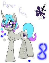 Size: 888x1150 | Tagged: safe, artist:didun850, oc, oc only, oc:paper pen, pony, unicorn, chest fluff, eye clipping through hair, female, glow, horn, mare, raised hoof, reference sheet, signature, simple background, smiling, solo, sombra eyes, text, transparent background, unicorn oc