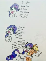 Size: 3024x4032 | Tagged: safe, artist:littlemissyxdl, derpibooru import, applejack, rarity, earth pony, pony, unicorn, annoyed, comic, crying, drama queen, female, hug, makeup, mare, marshmelodrama, running makeup, runny nose, snot, traditional art