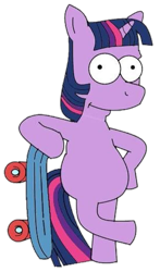 Size: 545x926 | Tagged: artist needed, safe, twilight sparkle, unicorn twilight, pony, unicorn, bart simpson, bipedal, cursed image, missing cutie mark, no eyelashes, simple background, skateboard, style emulation, the simpsons, transparent background, vector, wat