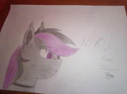 Size: 4208x3120 | Tagged: safe, artist:s7ormdancer14, oc, oc:nyro, bat pony, pony, bat pony oc, smiling, traditional art