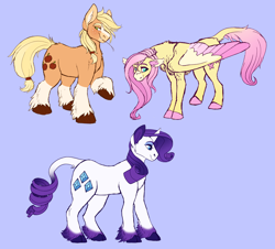 Size: 2920x2637 | Tagged: safe, artist:horsepowerred, derpibooru import, applejack, fluttershy, rarity, classical unicorn, earth pony, pegasus, pony, unicorn, blaze (coat marking), blue background, cloven hooves, coat markings, colored ears, colored fetlocks, colored hooves, colored wings, ear fluff, female, hair over one eye, hatless, leonine tail, mare, missing accessory, raised hoof, simple background, smiling, socks (coat marking), straw in mouth, stray strand, trio, unshorn fetlocks, wings