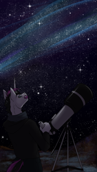 Size: 901x1600 | Tagged: safe, artist:sunny way, oc, oc only, oc:deon adamson, anthro, unicorn, desert, facial hair, horn, male, milky way galaxy, moustache, night, patreon, patreon reward, solo, stars, telescope