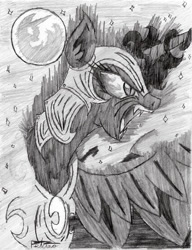 Size: 739x960 | Tagged: safe, artist:petanoprime, nightmare moon, alicorn, pony, bust, dark magic, fangs, female, full moon, grayscale, helmet, magic, mare, mare in the moon, monochrome, moon, night, open mouth, peytral, stars, traditional art