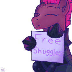 Size: 4096x4096 | Tagged: safe, artist:legionsunite, fizzlepop berrytwist, tempest shadow, unicorn, armor, broken horn, bronybait, cute, female, free snuggles, horn, mare, scar, sign, simple background, sitting, solo, tempestbetes, transparent background, vector