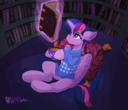 Size: 1700x1457 | Tagged: safe, artist:wildviolet-m, twilight sparkle, twilight sparkle (alicorn), alicorn, pony, animated, book, bookshelf, clothes, cute, ear fluff, female, food, frog (hoof), gif, hoof hold, hoofbutt, library, magic, mare, reading, sitting, solo, soup, sweater, tail wag, telekinesis, twiabetes, underhoof