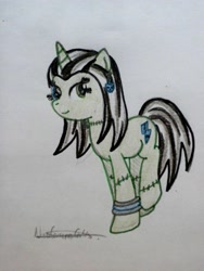 Size: 2346x3128 | Tagged: safe, artist:nurkako, ghoul, monster pony, pony, unicorn, bolts, bracelet, crossover, ear piercing, earring, frankenstein, frankie stein, jewelry, mattel, monster, monster high, piercing, ponified