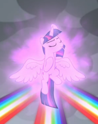 Size: 389x492 | Tagged: safe, screencap, twilight sparkle, twilight sparkle (alicorn), alicorn, pony, the ending of the end, cropped, eyes closed, floating, magic, magic aura, magic of friendship, pose, rainbow of harmony, smiling, solo, spread wings, wings