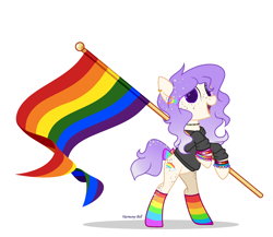 Size: 2550x2210 | Tagged: safe, artist:froggy111, oc, oc only, oc:maxie (ice1517), earth pony, pony, bipedal, bow, bracelet, choker, clothes, ear piercing, earring, female, flag, freckles, gay pride, gay pride flag, hairclip, hoodie, jewelry, lesbian pride flag, mare, open mouth, piercing, pride, pride flag, rainbow socks, simple background, socks, solo, striped socks, tail bow, white background, wristband, ych result