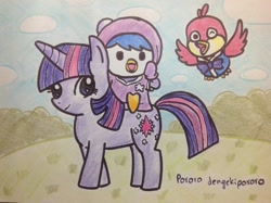 Size: 1024x765 | Tagged: safe, artist:dengekipororo, twilight sparkle, unicorn twilight, unicorn, crossover, harry (pororo), petty (pororo), pororo, pororo the little penguin, riding, traditional art