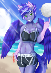 Size: 2480x3508 | Tagged: safe, artist:mantarwolf, oc, oc only, oc:rainy night, anthro, pegasus, anthro oc, ball, beach, belly button, bikini, bikini top, clothes, commission, high res, ocean, sand, shorts, smiling, solo, spinning, sports, swimsuit, toned, volleyball, ych result
