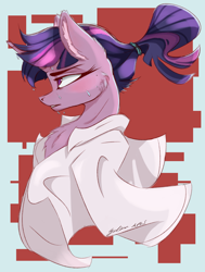 Size: 2800x3700 | Tagged: safe, artist:galinn-arts, twilight sparkle, pony, unicorn, abstract background, alternate hairstyle, blushing, cheek fluff, chest fluff, clothes, ear fluff, female, lab coat, mare, ponytail, profile, solo