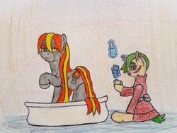 Size: 2016x1512 | Tagged: safe, artist:dice-warwick, oc, oc:rook, oc:spring dawn, earth pony, pony, unicorn, fallout equestria, bath, bathing, bathtub, blushing, scar, soap, wet mane